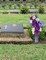 Cemetery Grave Cross with Artificial Flowers – Purple Roses & White Daisy Memorial, Wooden Outdoor Tombstone Decoration with Metal Shovel for Easy Installation